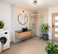 Spacious bathroom with a large shower, sink on a cabinet, and washing machine.