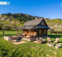 Recreational land in Horné Hámre with a wooden cabin, fireplace, and outdoor seating in nature.