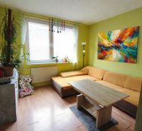 Living room with a sofa, colorful painting, and wooden decor flooring in a 2-room apartment.