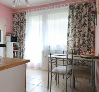 Dining area in a 2-room apartment with a table and floral curtains.
