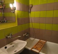 A bathroom with green-brown tiles and a bathtub in a 2-room apartment.