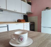 A kitchen in a 2-room apartment with white cabinets and a wood-patterned floor.