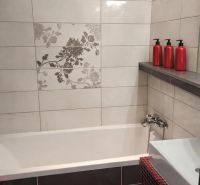 A bathroom in a 4-room apartment with tiles and red accessories.