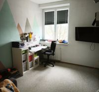 A workspace in a 4-room apartment with carpet flooring and geometric patterns on the wall.