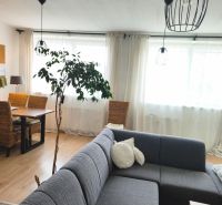 Living room in a 4-room apartment with a wooden decor floor and a spacious sofa.