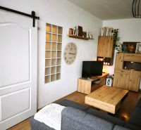 Living room in a 4-room apartment with a wooden decor floor and a sofa.