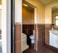 A bathroom in a family house with a sink, toilet, and mosaic tiles.