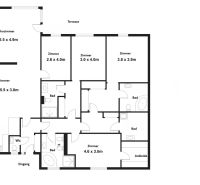 The floor plan of the family house includes a living and dining room with a kitchen.