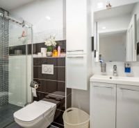 A bathroom in a family house with black and white tiles, a shower corner, and a cabinet under the sink.