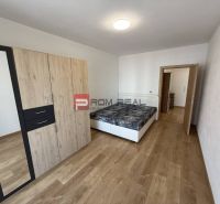 Bedroom in a two-room apartment with a wooden decor floor and a built-in wardrobe.