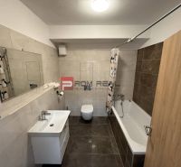 Bathroom with a shower, sink, and window in a 2-room apartment.