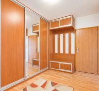 The interior of the hallway in a 3-room apartment with a wooden decor floor and a built-in wardrobe.