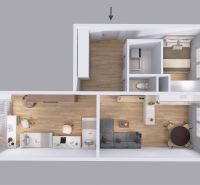 Floor plan of a 3-room apartment with wood-patterned flooring and an open living space.