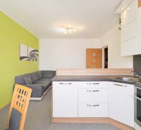 A kitchen in a 3-room apartment with a colored wall, kitchen unit, and sofa.