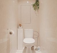 Bathroom with toilet in a 3-room apartment, beige tiles and decorative plants.