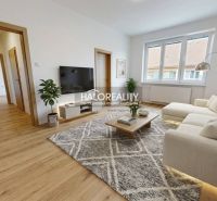 Spacious living room with a sofa, wood-patterned flooring, and large windows.