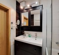 A bathroom in a 3-room apartment with a double sink and a dark mirror.