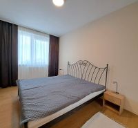A bedroom with a metal bed and a wooden decor floor in a 3-room apartment.