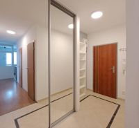 Entrance hall in a 3-room apartment with a large mirrored wardrobe and tiles.