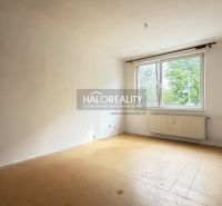 An empty studio apartment with a large window and a wooden-patterned floor.