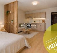 Studio apartment with a bed, kitchenette, and wood-patterned flooring.