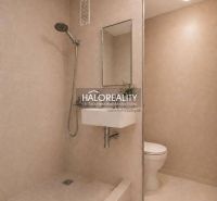 A bathroom in a studio apartment with a simple shower and a sink.