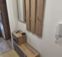 Studio apartment with a coat rack and furniture with a wood finish, view of the hallway.