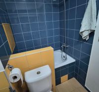 A bathroom in a studio apartment with colorful tiles and a shower corner.