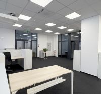 Spacious office interior with white furniture and plants, wooden decor flooring.