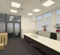 Offices with white desks, office chairs, and plants on the windowsills.