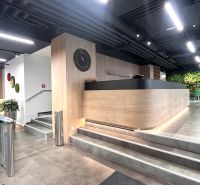 Reception in an office with wooden decor, a green wall, and modern seating.
