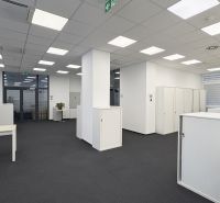Spacious offices with white furniture and plants on a wooden decor floor.