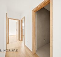 A hallway in a family house with a wooden decor floor and light-colored walls.