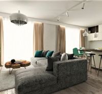 Living room in a family house with a wooden decor floor and stylish seating.