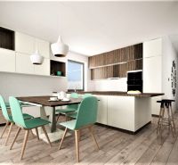 A kitchen in a family house with a wooden decor floor and turquoise chairs.