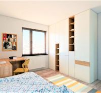 Children's room in a family house with a built-in wardrobe and a wooden decor floor.