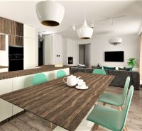 A kitchen in a family house with a wooden decor floor and light chairs.