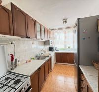 A kitchen in a 4-room apartment with dark cabinets and light walls.