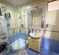 A bathroom with a shower and a washing machine in a 4-room apartment.