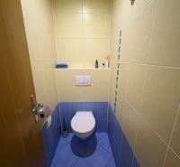 A bathroom in a 4-room apartment with a combination of yellow and blue tiles.