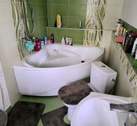 A bathroom in a 3-room apartment with green tiles, a bathtub, and a toilet.