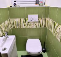 Bathroom in a 3-room apartment with a toilet, green tiles, and a sink.