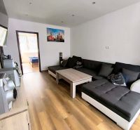 Living room in a 3-room apartment with a sofa and a wooden-patterned floor.