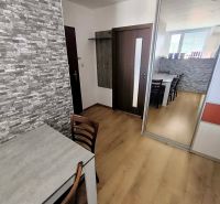 Dining room in a 3-room apartment with a wooden decor floor and a stone wall.