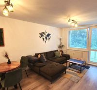 Living room in a three-room apartment with a wooden decor floor, a comfortable sofa, and a dining table.