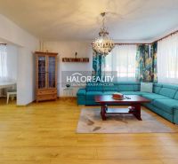Living room in a family house with a spacious sofa and a floor with a wooden decor.