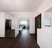 The entrance hall of a 4-room apartment with a wooden decor floor, a mirrored wardrobe, and a chest of drawers.