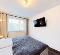 A bedroom in a 4-room apartment with a TV on the wall and a floor with a wood decor.