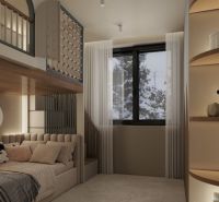 Children's room in a holiday apartment with a bunk bed and decorative pillows.