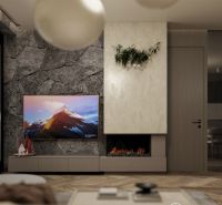 Interior of a holiday apartment with a television, fireplace, and wood-patterned flooring.